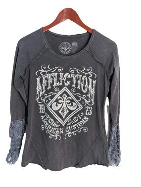 Vintage Y2K Affliction Top Women's Small Long Sleeve Lace Bling Goth Grunge